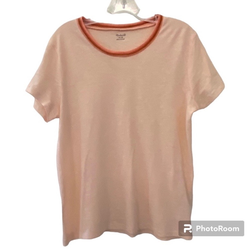 Madewell Peach/Pink Short Sleeve T-Shirt With Stripes Neck Detail Size M…